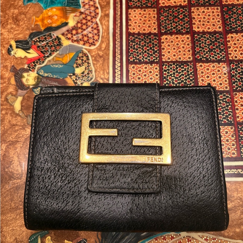 Fendi Black Leather Wallet with Gold F Logo Plaque